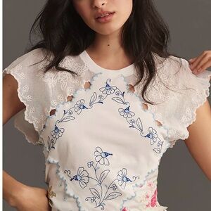 Anthropologie White Lace Blouse with Blue Floral Embroidery